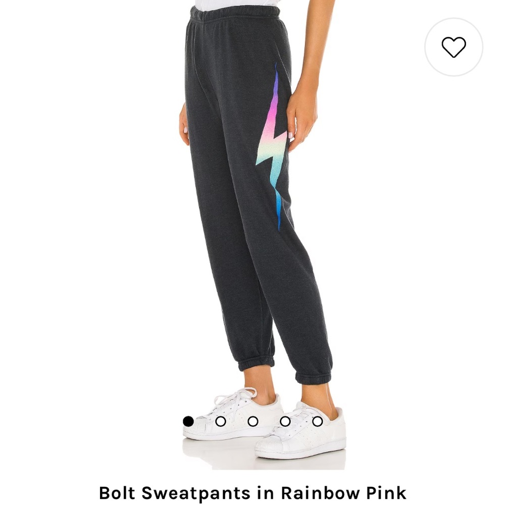 Aviator nation charcoal gray sweatpants with rainbow pink lightening bolt.